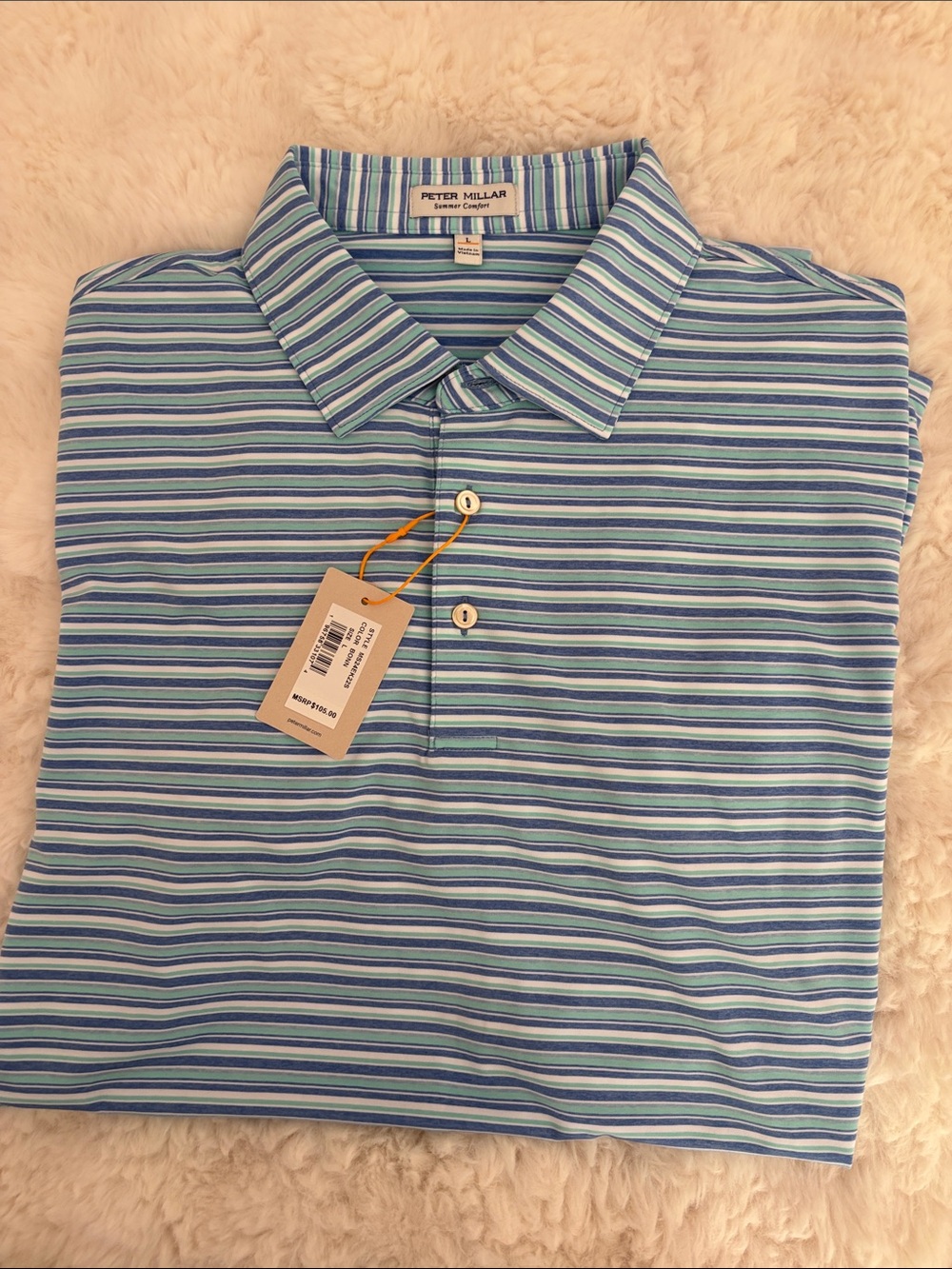 Peter Millar crown sport Light Blue and Navy Striped Polo large BNWT